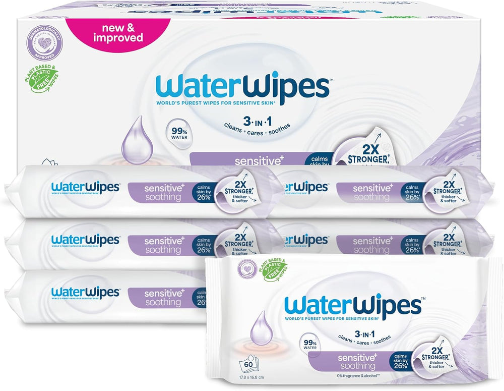 WaterWipes Sensitive+ Soothing Clean 360 szt. (6 szt.) 3 w 1 oczyszczające, pielęgnujące i łagodzące chusteczki dla dzieci 99% wody z ekstraktem roślinnym