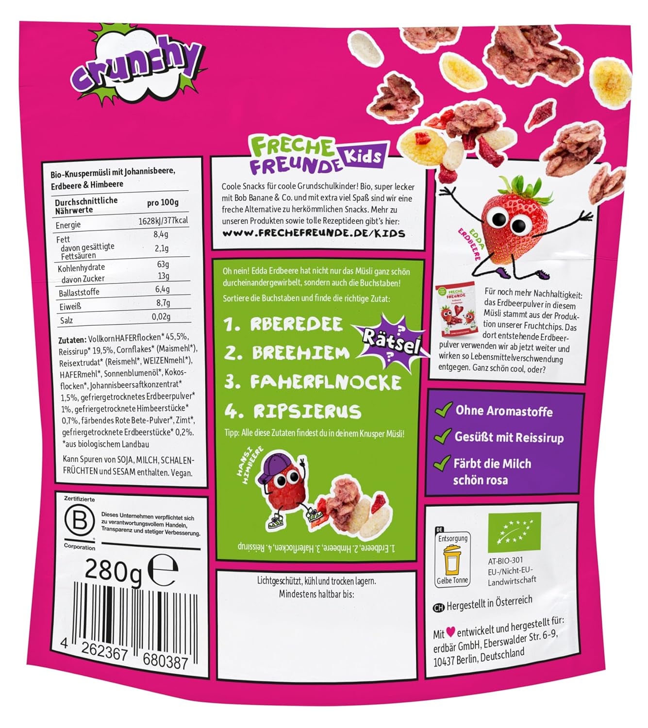 FRECHE FREUNDE Organiczne musli śniadaniowe Edda's Berry Crunchy Musli Mix dla dzieci w wieku szkolnym z liofilizowanymi truskawkami Wegańskie 6 opakowań (6 x 280g)
