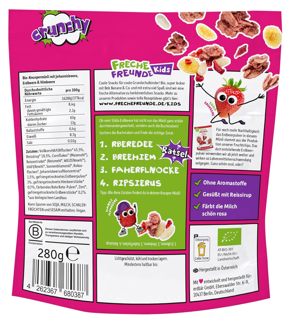 FRECHE FREUNDE Organiczne musli śniadaniowe Edda's Berry Crunchy Musli Mix dla dzieci w wieku szkolnym z liofilizowanymi truskawkami Wegańskie 6 opakowań (6 x 280g)