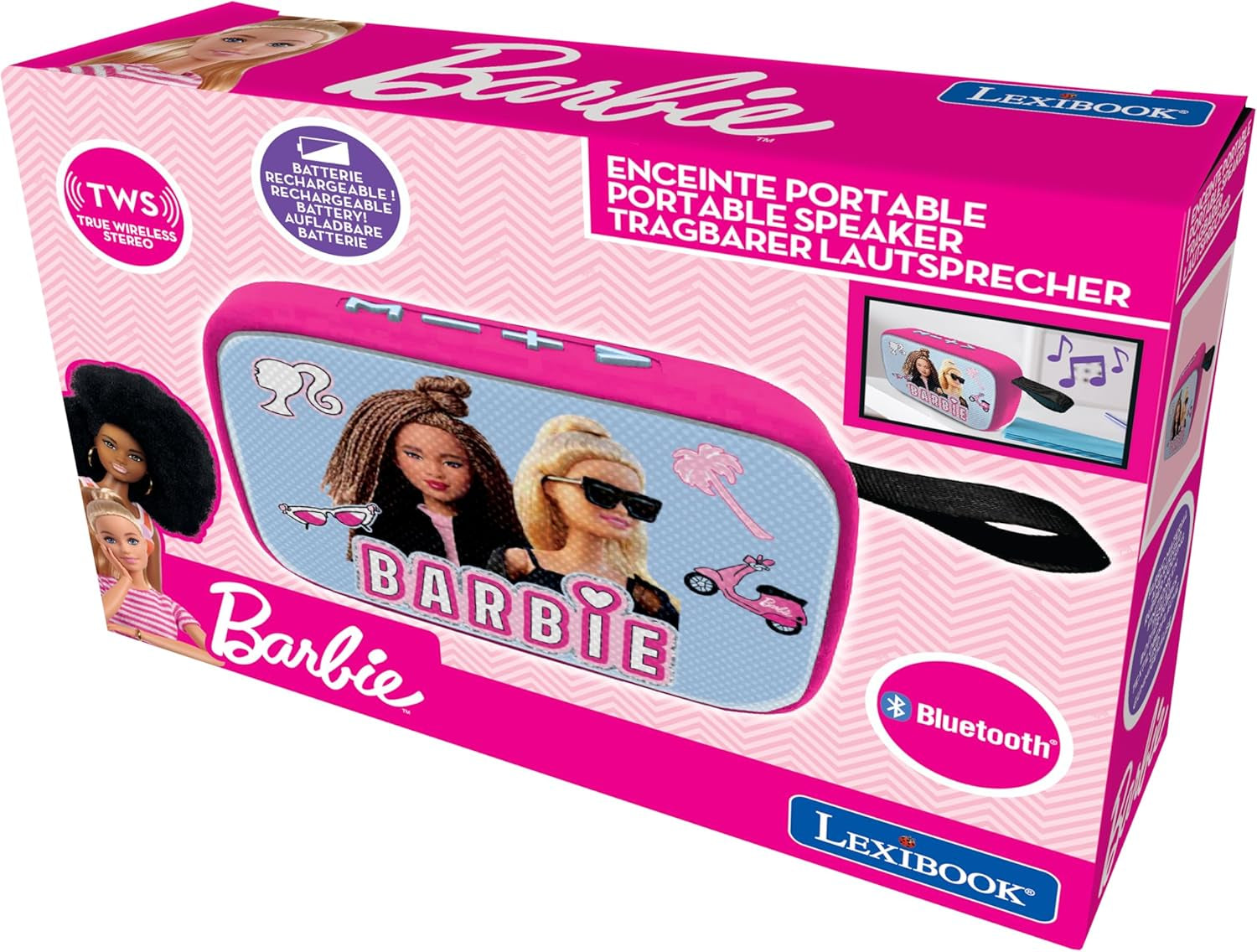Lexibook Mattel Barbie - Tragbarer Bluetooth-Lautspeaker, kabellos, USB-C, SD/TF-Karte, wiederaufladbarer Akku, blau/rosa, BT018BB