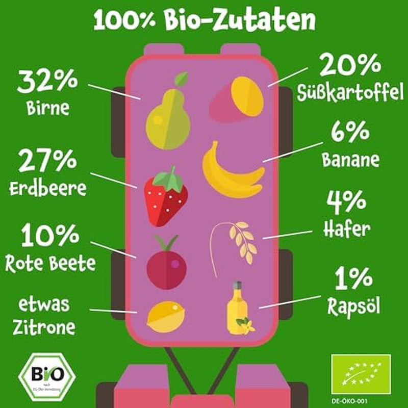 Pumpkin Organics torebki z organicznymi warzywami i zbożami, opakowanie 8 szt.: Gruszka, Truskawki, Bataty, Buraki, Banany, Owies - Bez dodatku cukru¹ - Od 6 miesiąca życia - jako przekąska lub pokarm uzupełniający w opakowaniu (8 x 100g)