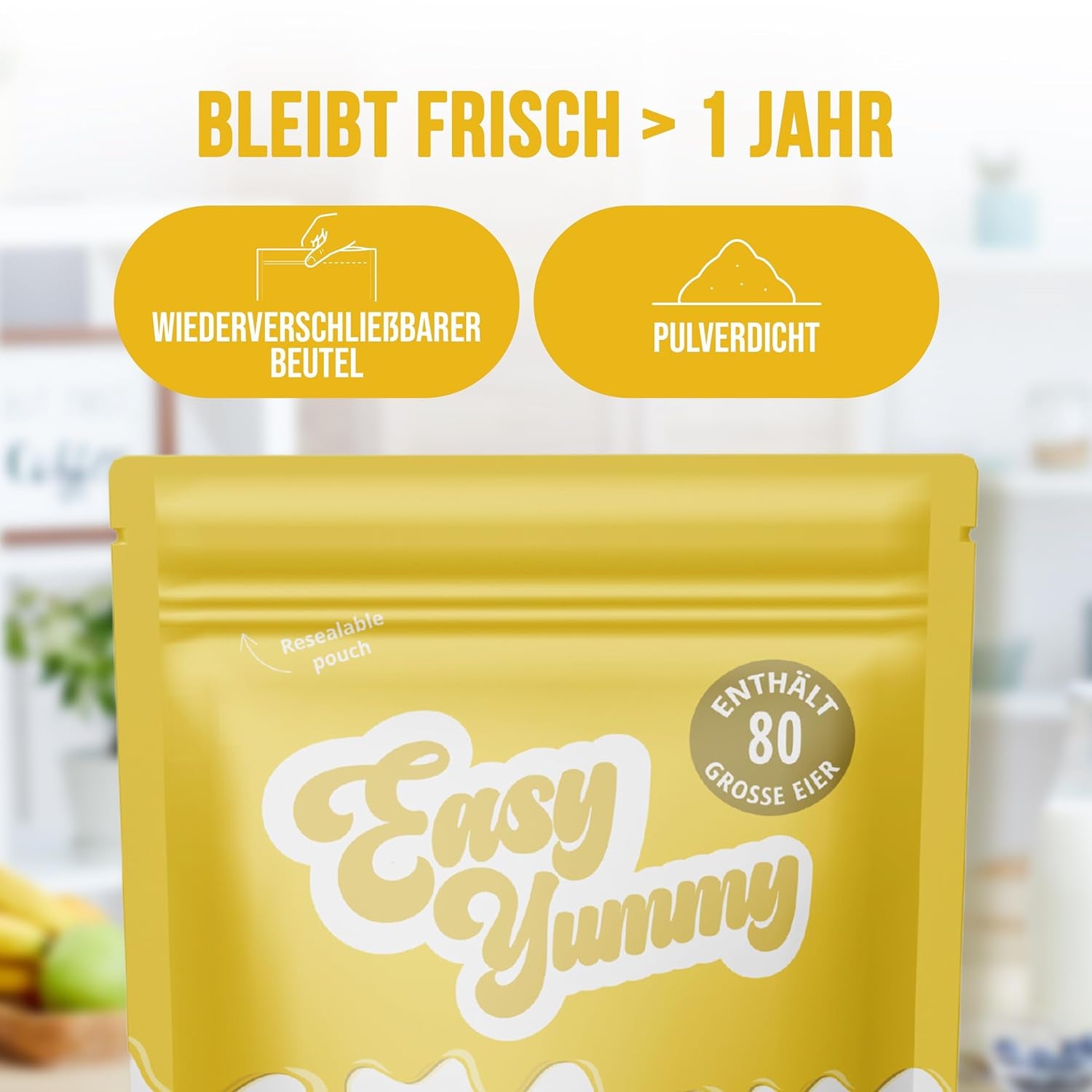 EASY YUMMY - Vollei-Eipulver (1000g = 80 Eier) z Regionalen Niederländischen Freiland-Eiern | mit 1-Ei-Messlöffel | Wiederverschließbarer Beutel, lange Haltbarkeit | Rührei, Kochen, Backen | 100% nich