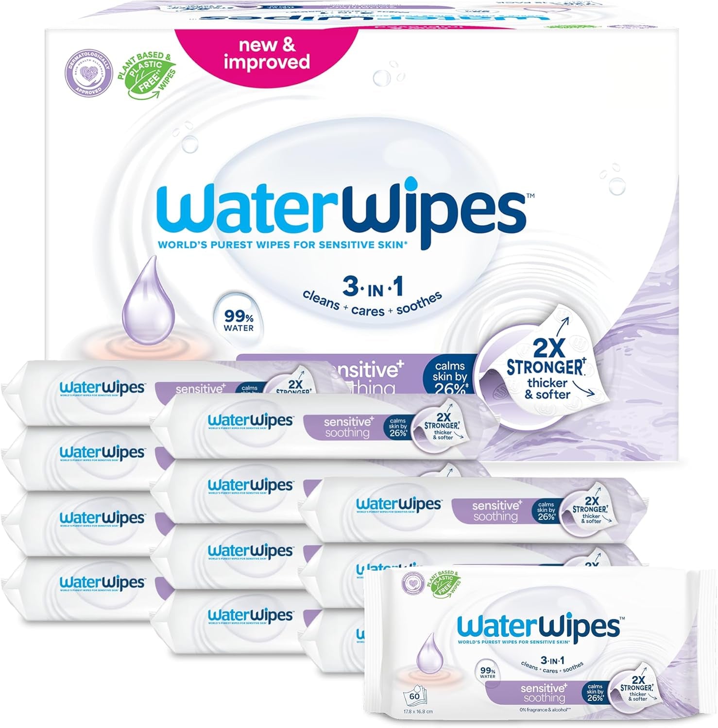WaterWipes Sensitive+ Soothing Clean 360 szt. (6 szt.) 3 w 1 oczyszczające, pielęgnujące i łagodzące chusteczki dla dzieci 99% wody z ekstraktem roślinnym
