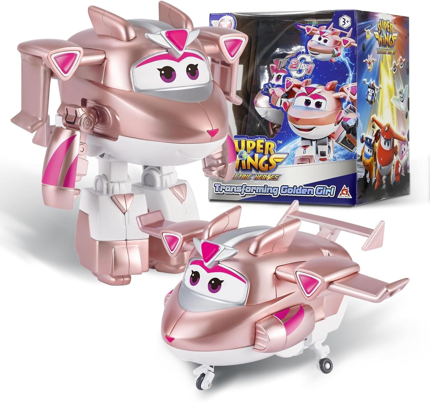 Samolot transformacyjny Super Wings z doładowaniem, ok. 12,7 cm duża figurka dla dzieci zabawka samolot i figurka robota dla chłopców i dziewcząt powyżej 3 lat srebrne figurki sklep Naty Gold Girl