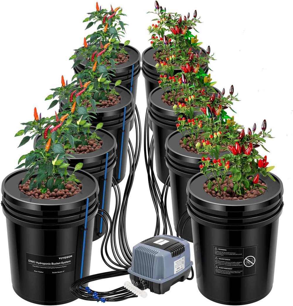 VIVOSUN DWC Hydrokultur Anbausystem z Topf-Dripkit, 5-Gallonen Tiefwasserkultur, Umwälz-Tropfgartensystem z Mehrzweck-Luftschlauch, 8W Luftpumpe und Luftstein (1 wiadro + Top-Drip-Kit)