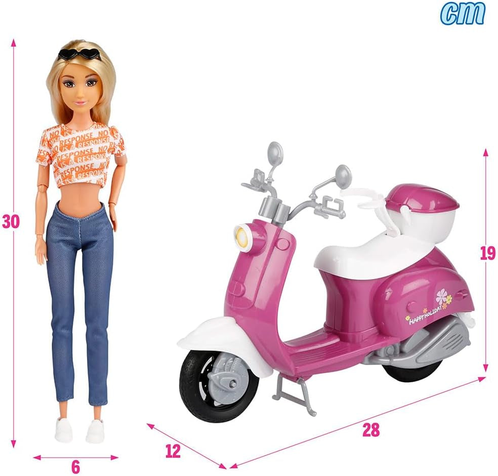 Isabella Gelenkpuppe mit Roller, 30 cm, Motorrad-Spielzeug, w tym akcesoria, Sonnenbrille, Handy, Selfie-Halterung, Helm, Orzeźwienie, Puppen für Mädchen, Geschenke ab 3 Jahren (47812)