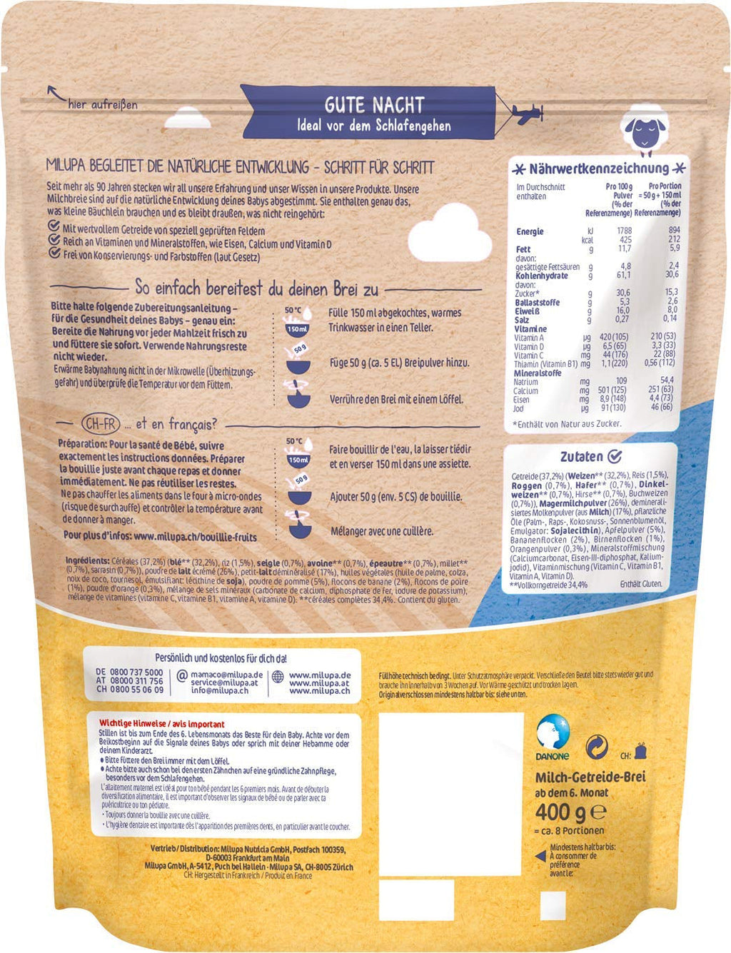 Milupa Milk Porridge Wholemeal Fruits - Terci pentru copii fără ulei de palmier, de la 6 luni - 4 X 400 G (pachet de 2) Mama si Copilul Naty Shop