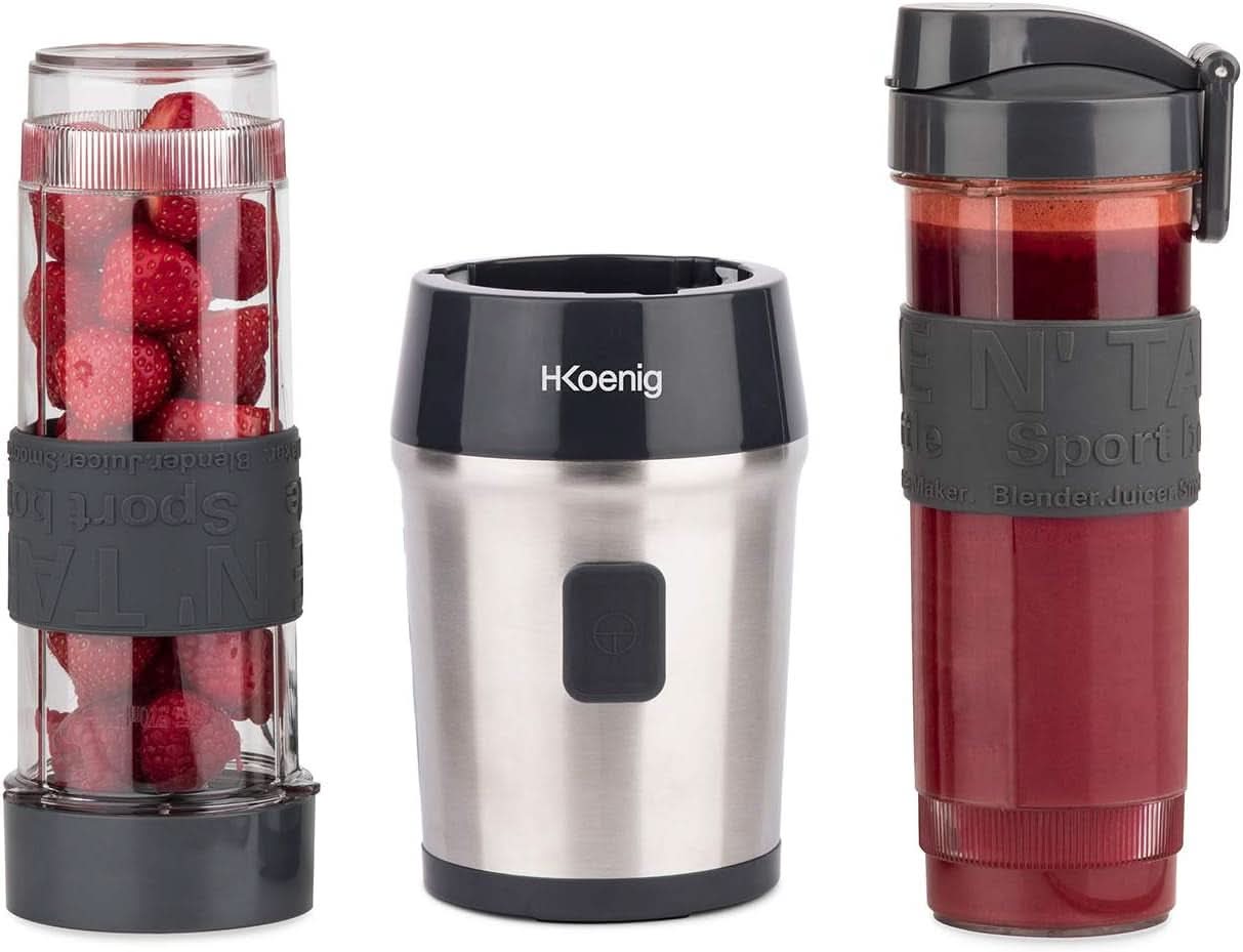 H.Koenig Smoothie Maker SMOO9 - Mini mikser stojący - Mini blender - 300 Watt - 570 ml - Edelstahl - 2 Kunststoffflaschen - Bpa-Frei, Grau Kitchen Naty Shop