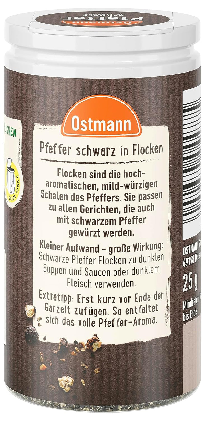 Ostmann Gewürze - Schwarze Pfefferflocken | Grober Pfeffer für intensiv-schwarfen Gesmack | Mit praktischem Streuaufsatz | 25 g w Der Streudose