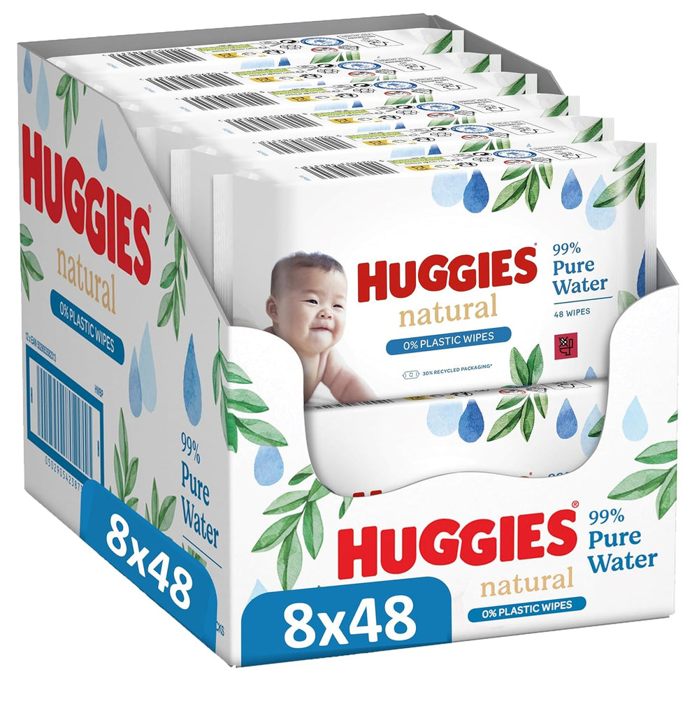 Huggies Naturalnie biodegradowalne chusteczki nawilżane dla wrażliwych dzieci, 8 x 48 chusteczek, opakowanie zbiorcze
