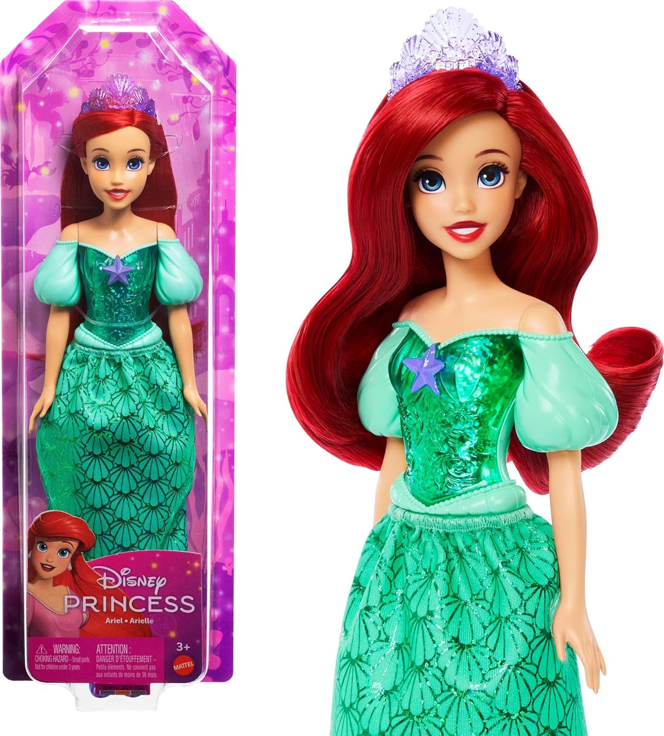 Păpușa Mattel Disney Prințesa Ariel, păr lung pentru coafat, poziționabilă, pantofi și diademă detașabile, cadouri Disney, jucărie pentru vârste de la 3 ani în sus, HLW10