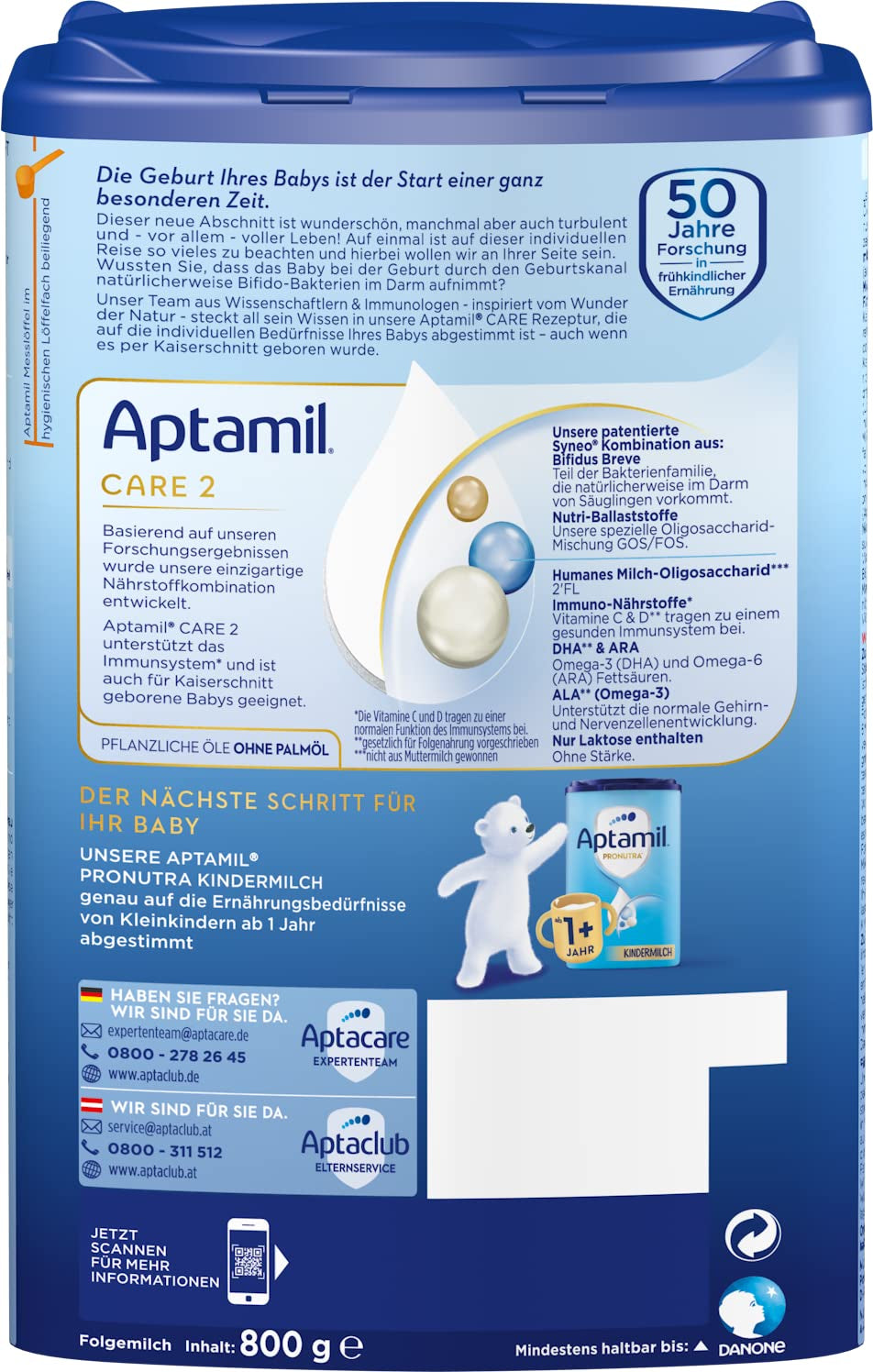 Aptamil Care 2 - Mleko następne po 6 miesiącu, z Omega 3 i 6, DHA i ARA, bez oleju palmowego, żywność dla dzieci, mleko w proszku, 1 x 800 g (opakowanie 6 szt.)