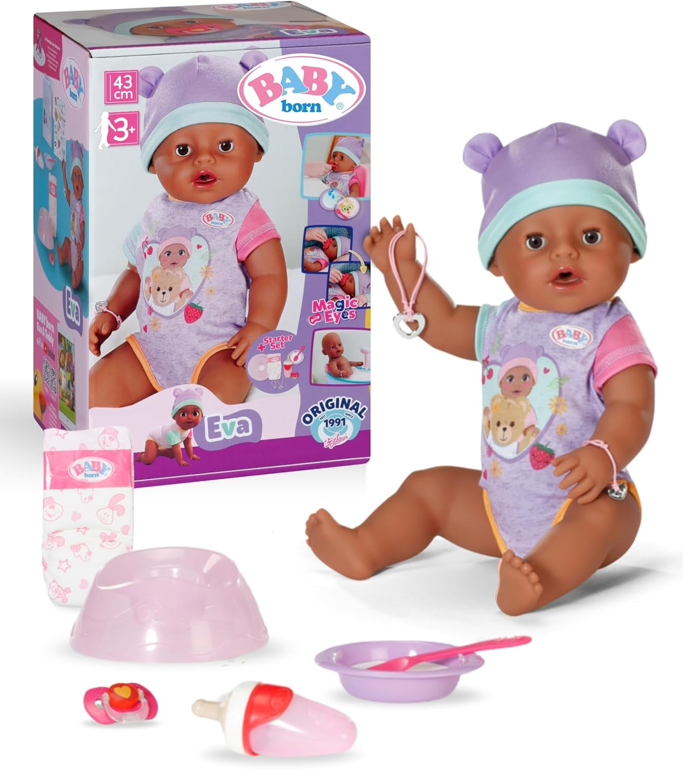 BABY Born Eva - 43 cm große Babypuppe - 10 Funktionen inkl. Accessoires & Strampler - Funktioniert komplett ohne Batterien - Geeignet für Kinder ab 3 Jahren