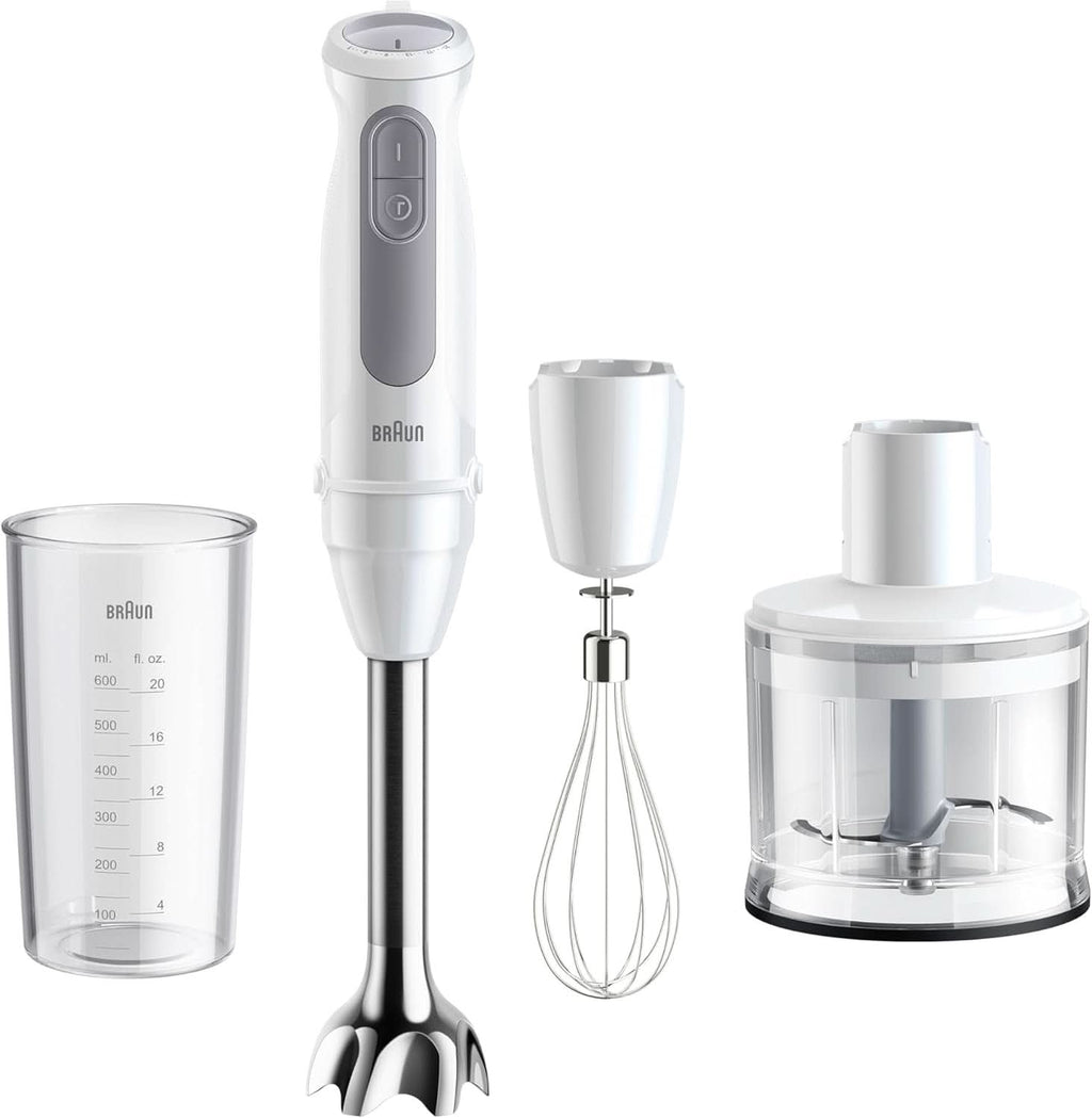 Braun Stabmixer MQ 5200WH - Multiquick 5 Vario Pürierstab Mit Edelstahl Mixfuß, 1000 Watt, Inkl. 600 Ml Mix- & Messbecher, Weiß/Grau Bucatarie Naty Shop Version 2024 - Schneebesen