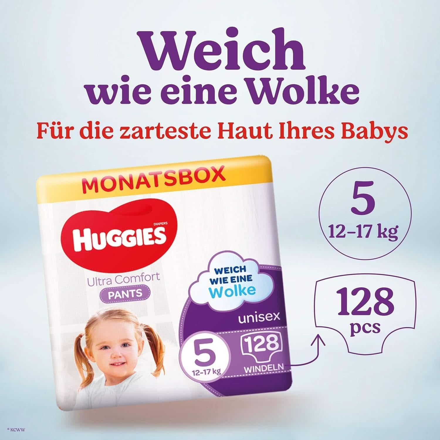 Spodnie Huggies Ultra Comfort, rozmiar 5, 12-17 kg, Dla aktywnych dzieci, Ze wskaźnikiem wilgoci i technologią chmurki w pasie, 128 pieluch Sklep dla matek i dzieci Naty Shop