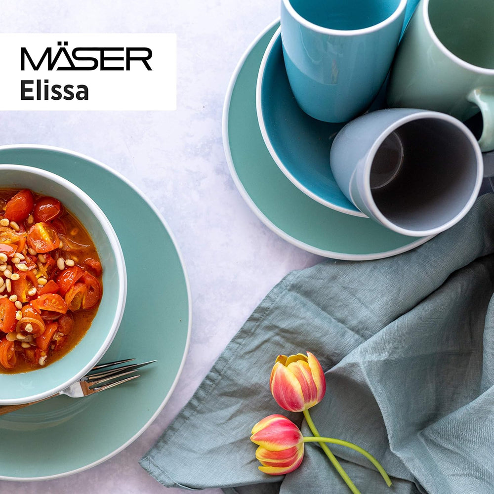 MÄSER 931844 Set de veselă modernă din seria Elissa pentru 6 persoane, albastru cu margine albă, set combinat cu 24 de piese, ceramică