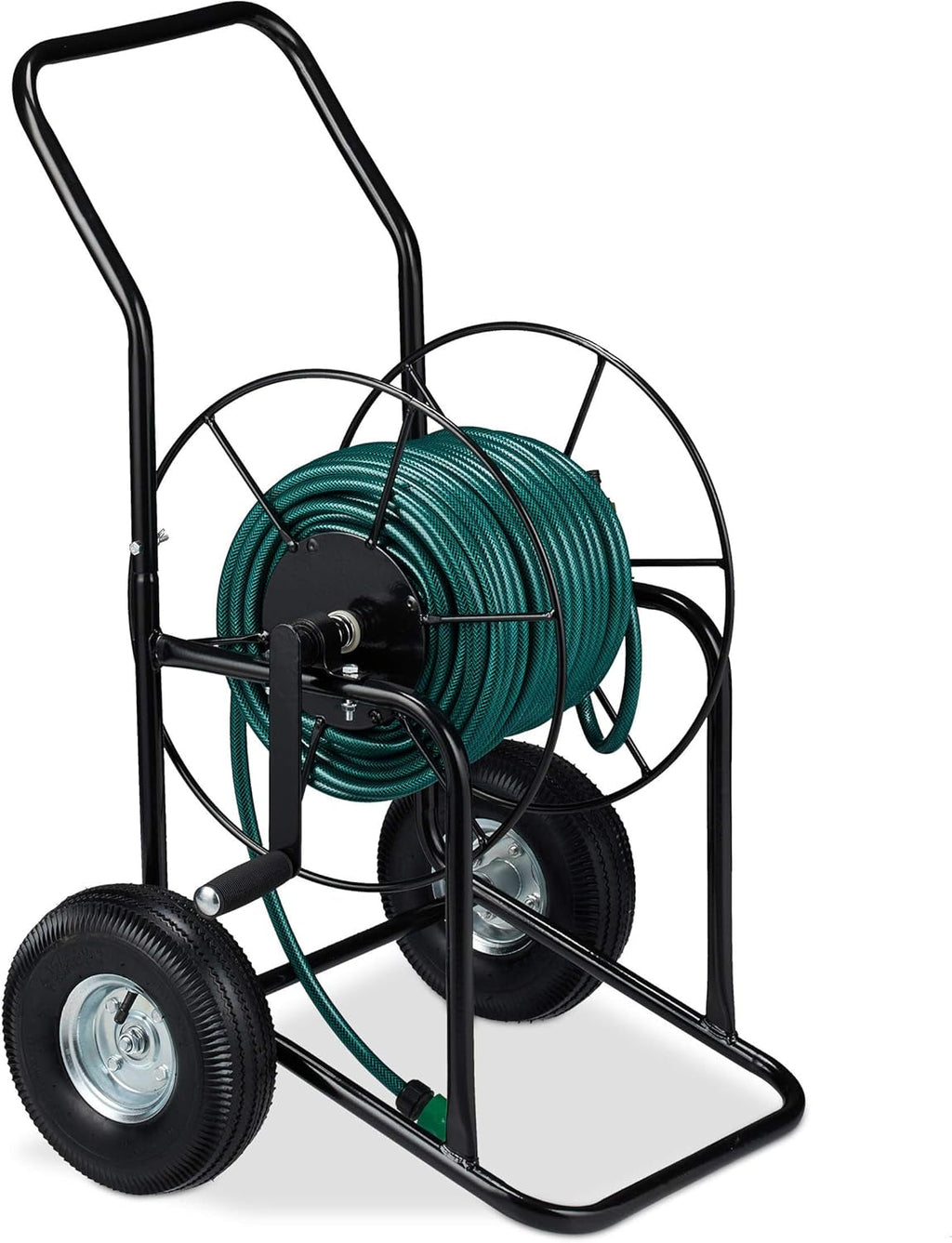 Cărucior furtun Relaxdays, rolă furtun mobilă, racord 1/2" și 3/4", furtun până la 80 m, 2 roți, metal, negru