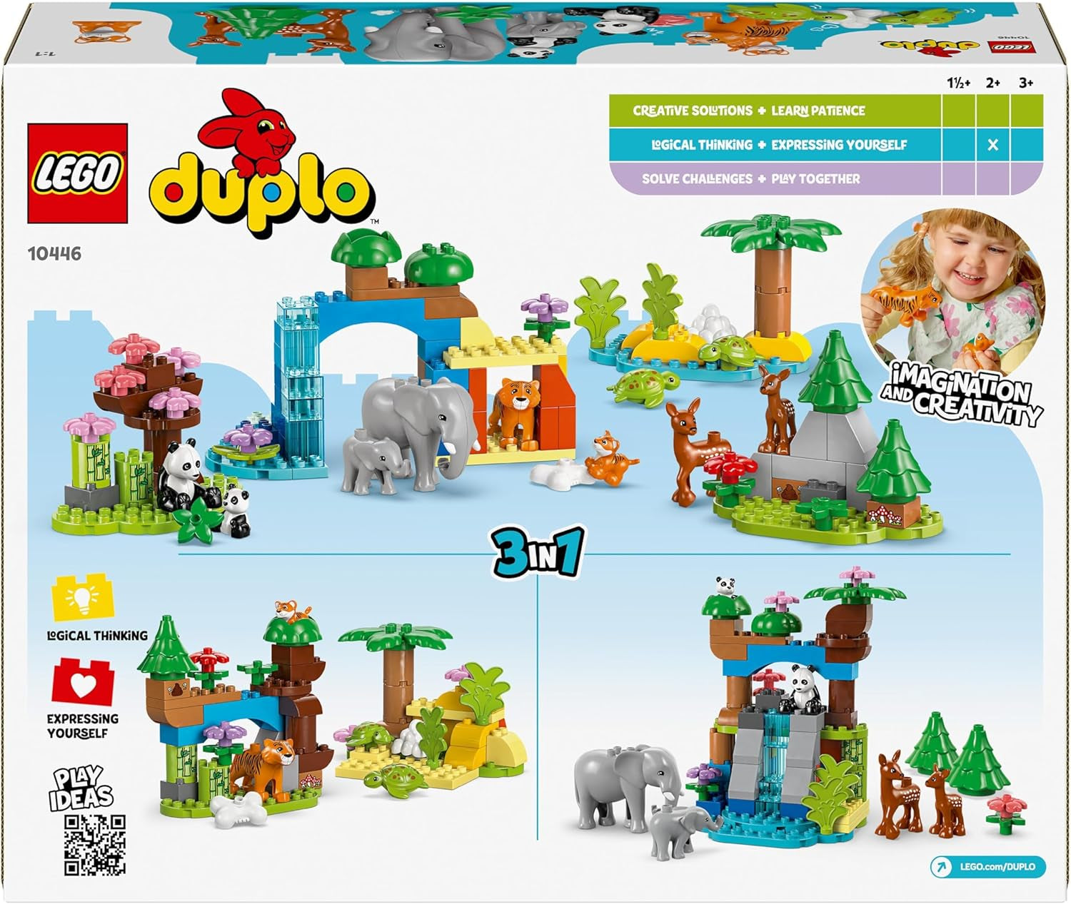 LEGO DUPLO Town Wild Animal Familys Zestaw 3 w 1, zabawka edukacyjna dla maluchów z żółwiami, tygrysami, słoniami, jeleniami i pandami, zestaw dla przedszkolaków od 2. roku życia, zabawka do budowania z figurkami zwierząt 10446 Zestawy do budowania Szukaj sklepu LEGO