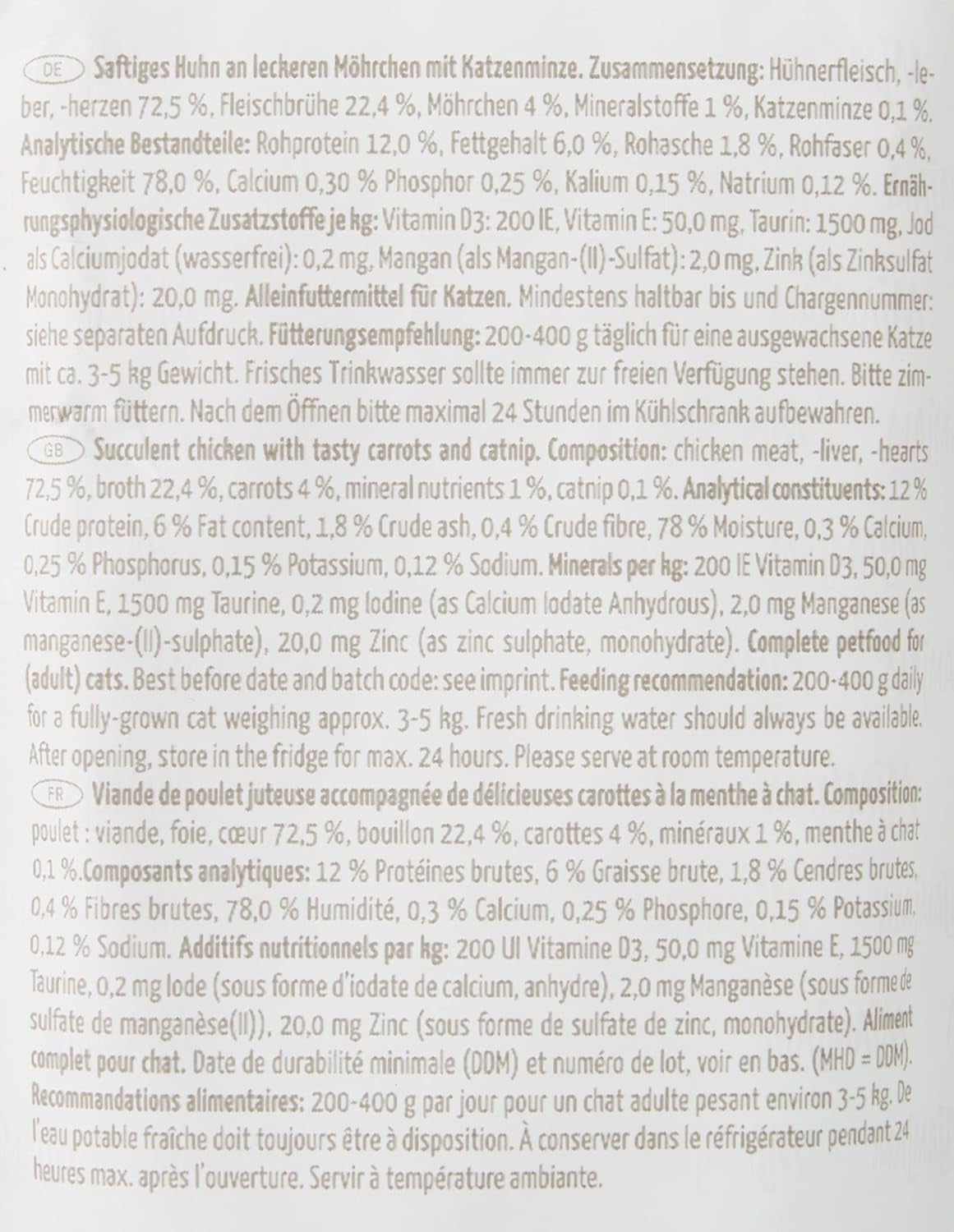 MjAMjAM - Hrană umedă premium pentru pisici - pungă compresibilă - pui suculent cu morcovi delicioși, pachet de 12 (12 x 125 g), fără cereale cu carne suplimentară