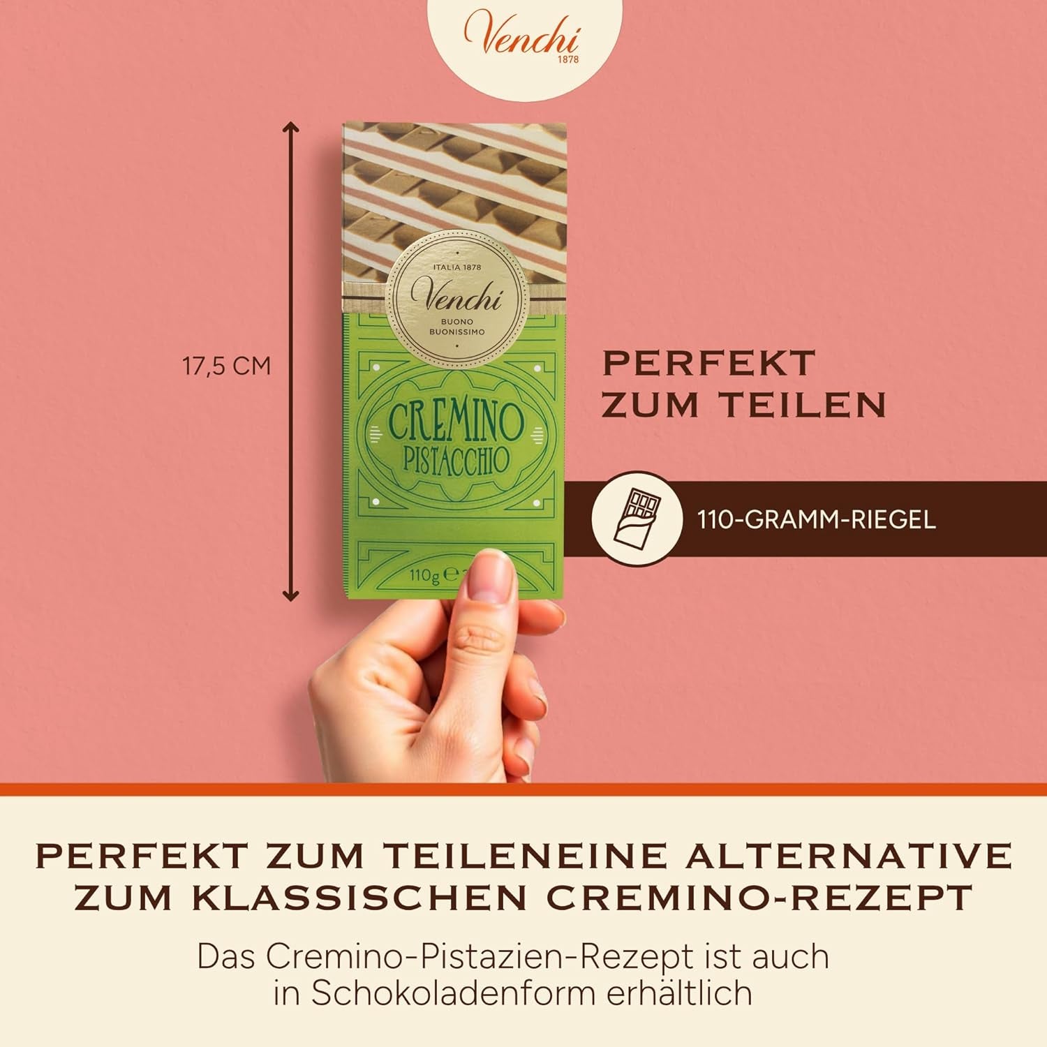 Venchi - Cremino Pistachio Bar, 110g, tabliczka mlecznej i białej czekolady z pastą pistacjową, trzywarstwowa receptura o śródziemnomorskich smakach, bezglutenowa, bez sztucznych barwników