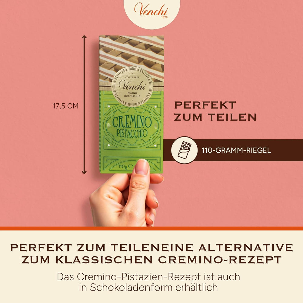 Venchi - Cremino Pistachio Bar, 110g, tabliczka mlecznej i białej czekolady z pastą pistacjową, trzywarstwowa receptura o śródziemnomorskich smakach, bezglutenowa, bez sztucznych barwników