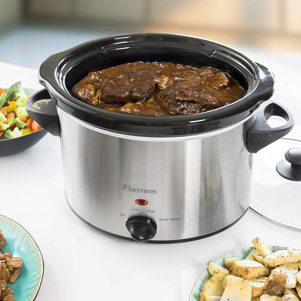 Bestron slow cooker cu tigaie ceramică și capac din sticlă, termostat cu 3 niveluri, ideal pentru multe feluri de mâncare, cum ar fi carne, supe și legume, 3,5 litri, culoare: argintiu Slow Cooker Naty Shop