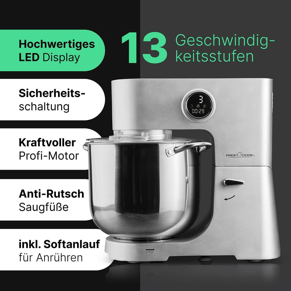 Proficook® Küchenmaschine Mit XXL 12L Schüssel | Silnik Knetmaschine Mit 2500W Longlife-Profi | Metallgetriebe i wyświetlacz LED | Robot kuchenny Für Bis Zu 8,5 kg ciasta | 13 prędkości | PC KM 1254 Sklep Naty dla Matki i Dziecka