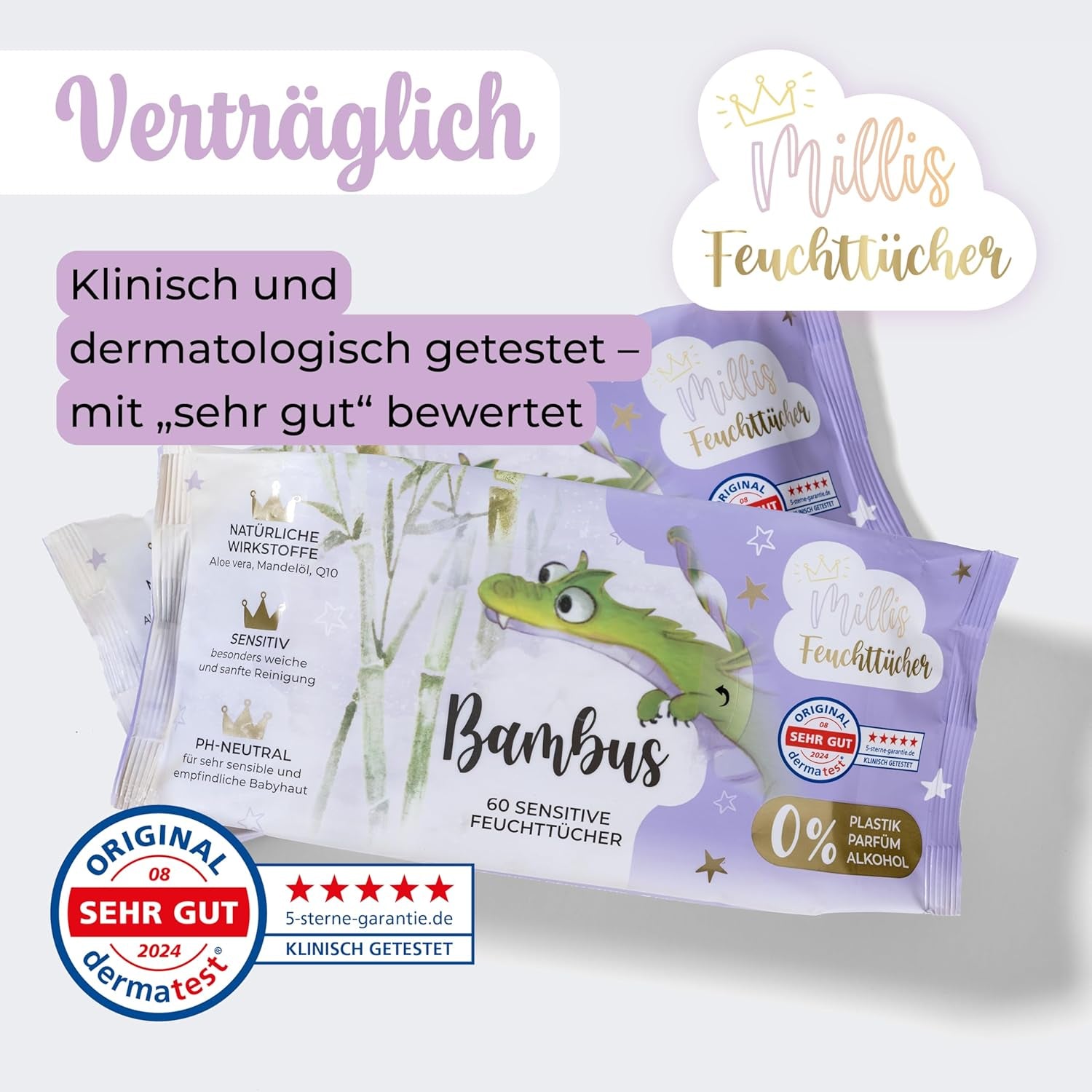 Millis Bamboo Baby Sensitive chusteczki nawilżane do delikatnej skóry dziecka - 5 x 60 sztuk - Naturalne, delikatne i zrównoważone czyszczenie - Biodegradowalne chusteczki dla niemowląt, bez plastiku i alkoholu