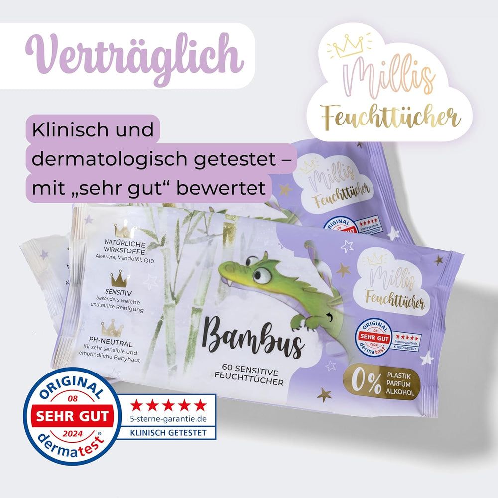 Millis Bamboo Baby Sensitive chusteczki nawilżane do delikatnej skóry dziecka - 5 x 60 sztuk - Naturalne, delikatne i zrównoważone czyszczenie - Biodegradowalne chusteczki dla niemowląt, bez plastiku i alkoholu