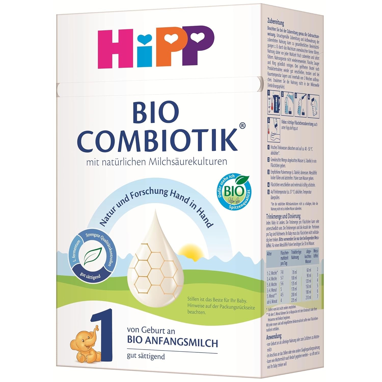HiPP 1 Organic Combiotik (4 x 600g), mleko w proszku dla niemowląt od urodzenia, z naturalnymi kulturami kwasu mlekowego i łatwą w obróbce skrobią organiczną, najwyższej jakości organicznej