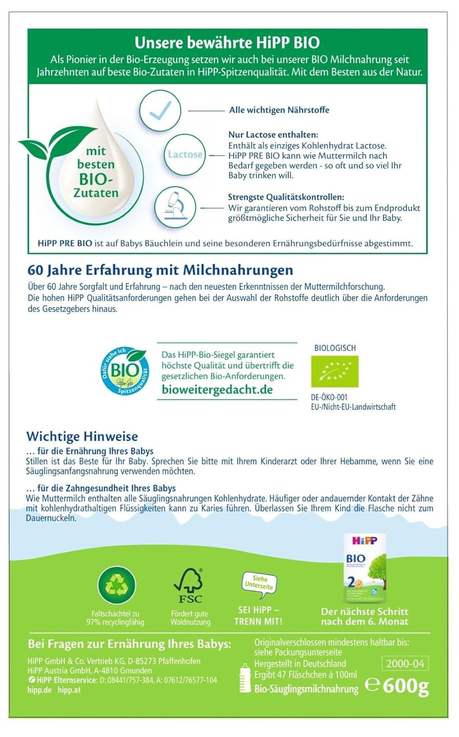 Organiczne mleko dla niemowląt HiPP PRE (4 x 600g), od urodzenia, zawiera wyłącznie laktozę jako węglowodan, najwyższej jakości organicznej