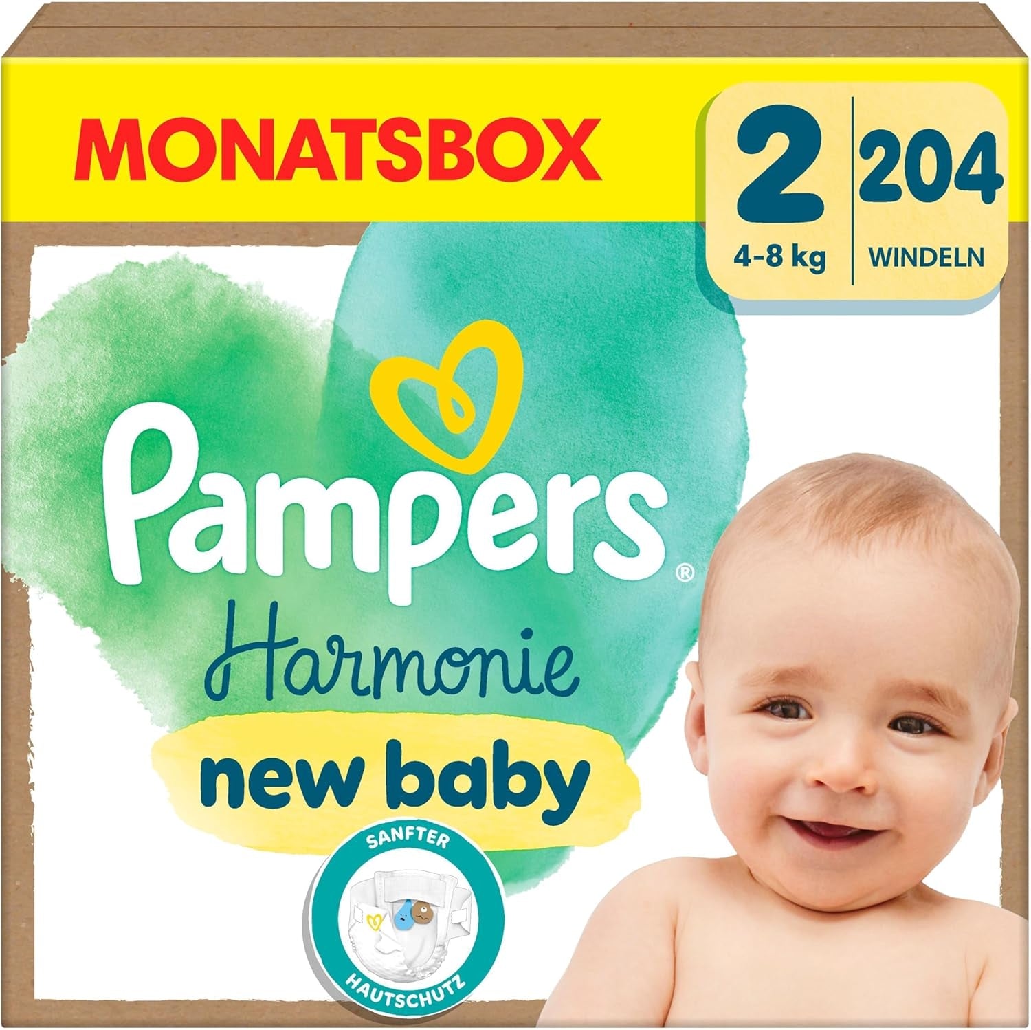 Pieluchy Pampers Harmony Rozmiar 2, 204 pieluszki, 4kg-8kg, Delikatna ochrona skóry ze 100% ochroną Pampers