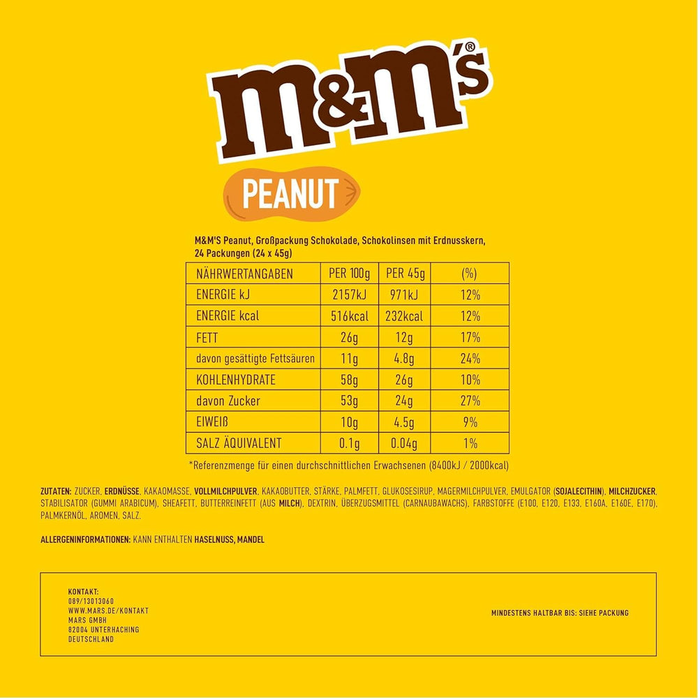 M&M's Peanut Chocolate Opakowanie zbiorcze 24 x 45 g Czekoladowa soczewica o smaku orzechowym Prezent czekoladowy (1080 g) Idealny jako poczęstunek o tematyce piłkarskiej