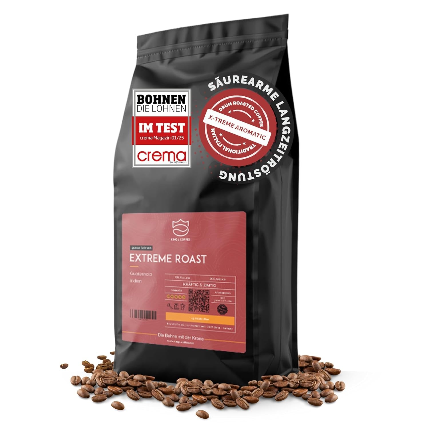KING'S COFFEE - PRĂJIRE EXTREMĂ - Boabe de Espresso Intenso - aciditate foarte scăzută - prăjire în loturi mici din Italia - boabe de cafea pentru aparate complet automate și aparate cu portafiltru - 1 kg