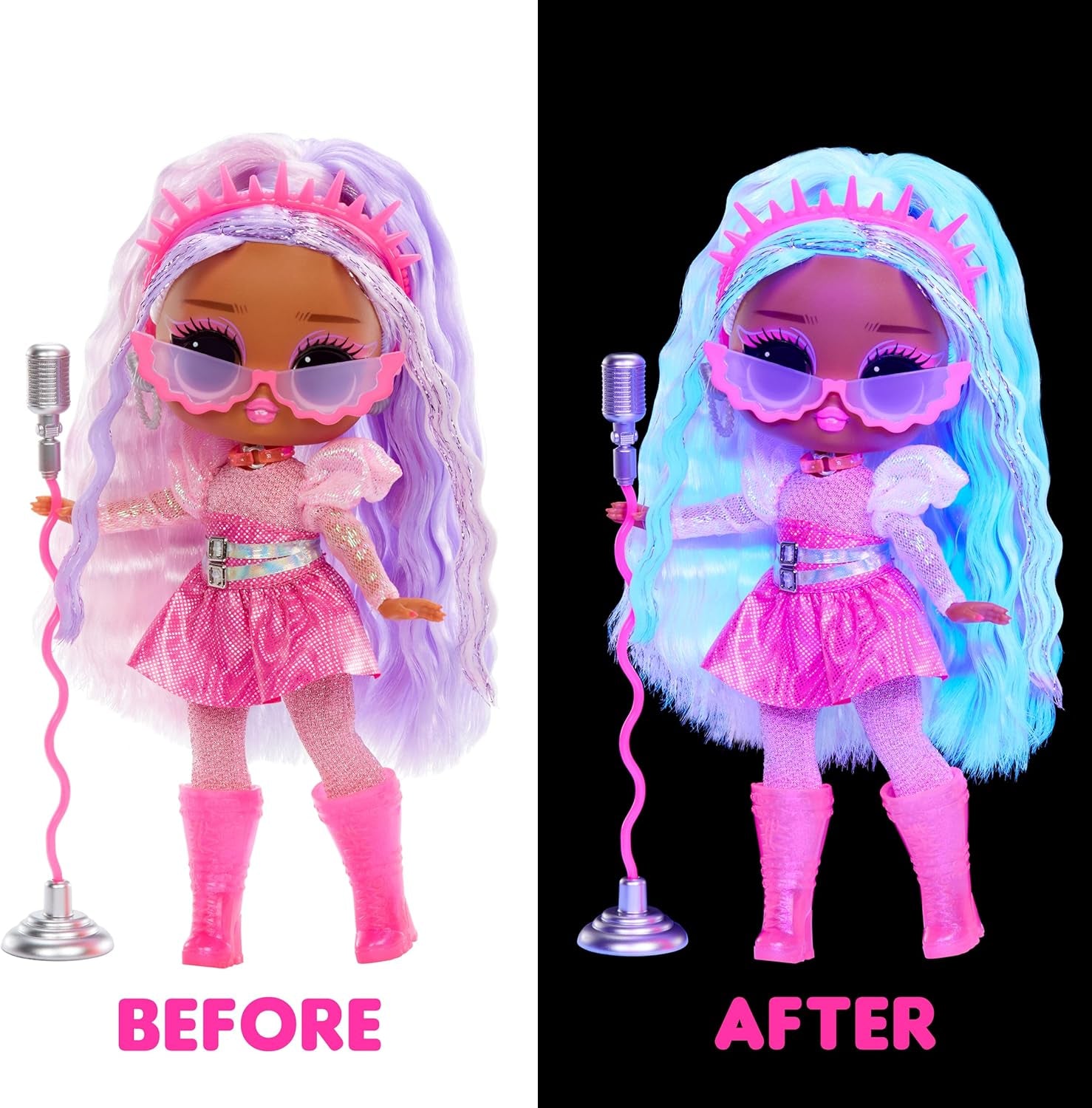 KUPA ŚMIECHU. Niespodzianka! Tweens Neon Pop Stars - Kitty K - 1 Modepuppe z podświetlanymi niespodziankami i ponad 10 modami i akcesoriami dla gwiazd popu, w tym Retro Mikro-Ständer, Geschenk für Kinder ab 4