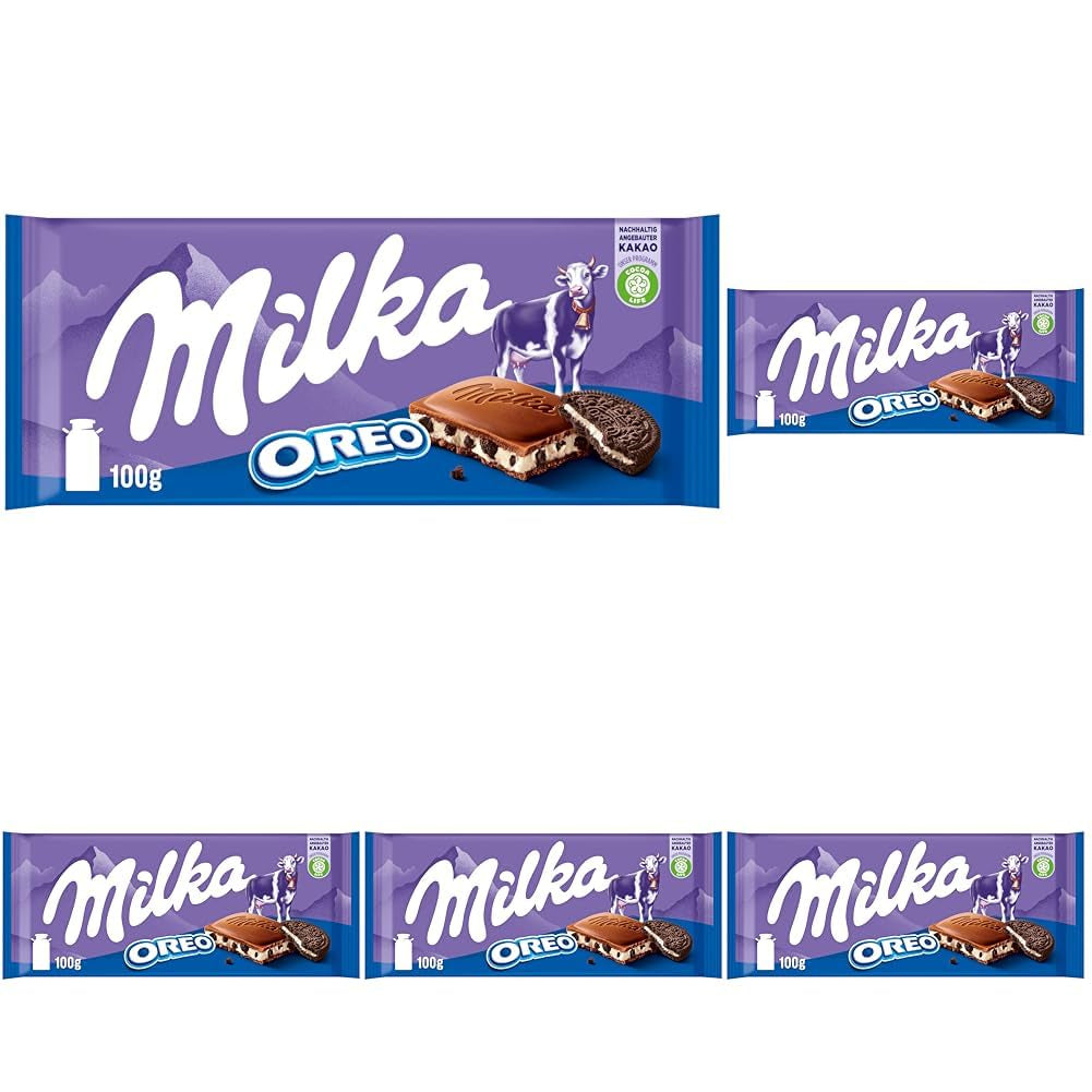 Milka Oreo – Alpejska czekolada mleczna wypełniona chrupiącymi kawałkami ciastek Oreo i gładkim kremem waniliowym – 100g