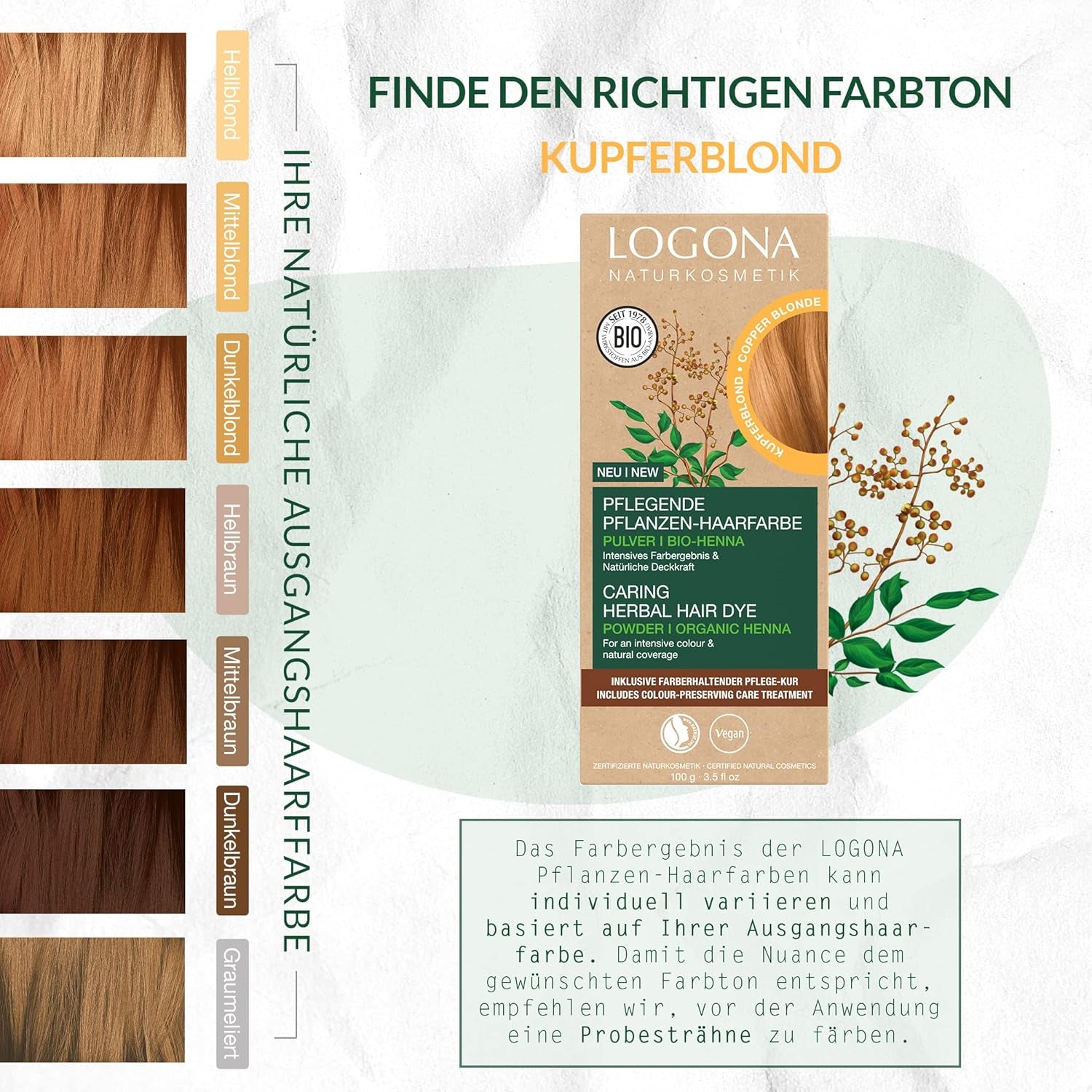 LOGONA Natural Cosmetics Vopsea de păr hrănitoare pe bază de plante, vopsea de păr vegană pudră cu henna organică pentru culoare intensă și strălucire, vopsea de păr pe bază de plante în blond cupru (blond), 1 x 100g Vopsea pentru par Naty Shop