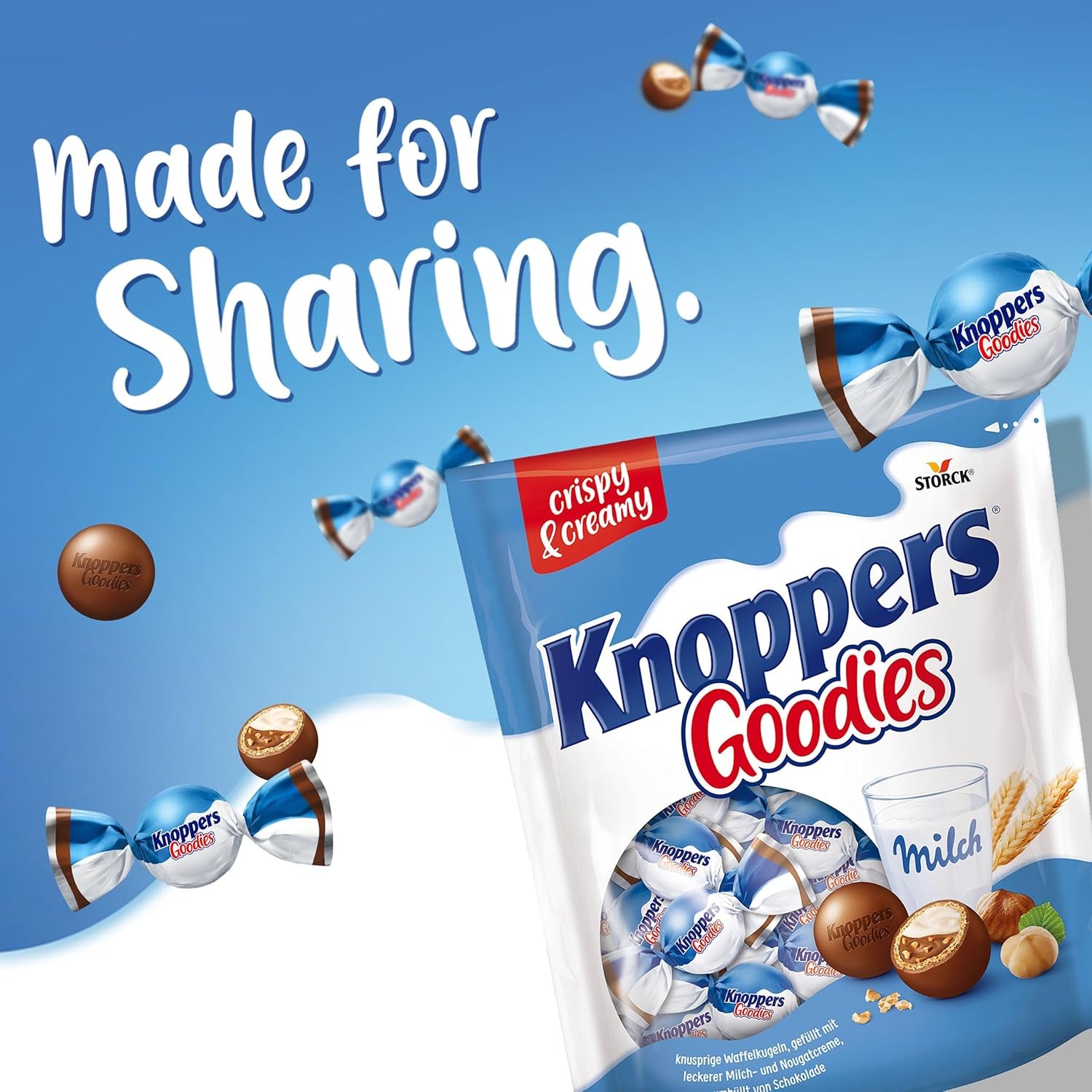 Knoppers Goodies Crunchy Minis – 1 x 180g – chrupiące kuleczki waflowe wypełnione kawałkami orzechów laskowych, mlekiem i kremem nugatowym, oblane czekoladą