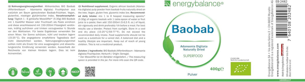 Baobab pulbere organică - vitamina C, calciu, magneziu, potasiu, 400 grame Arome Naty Shop