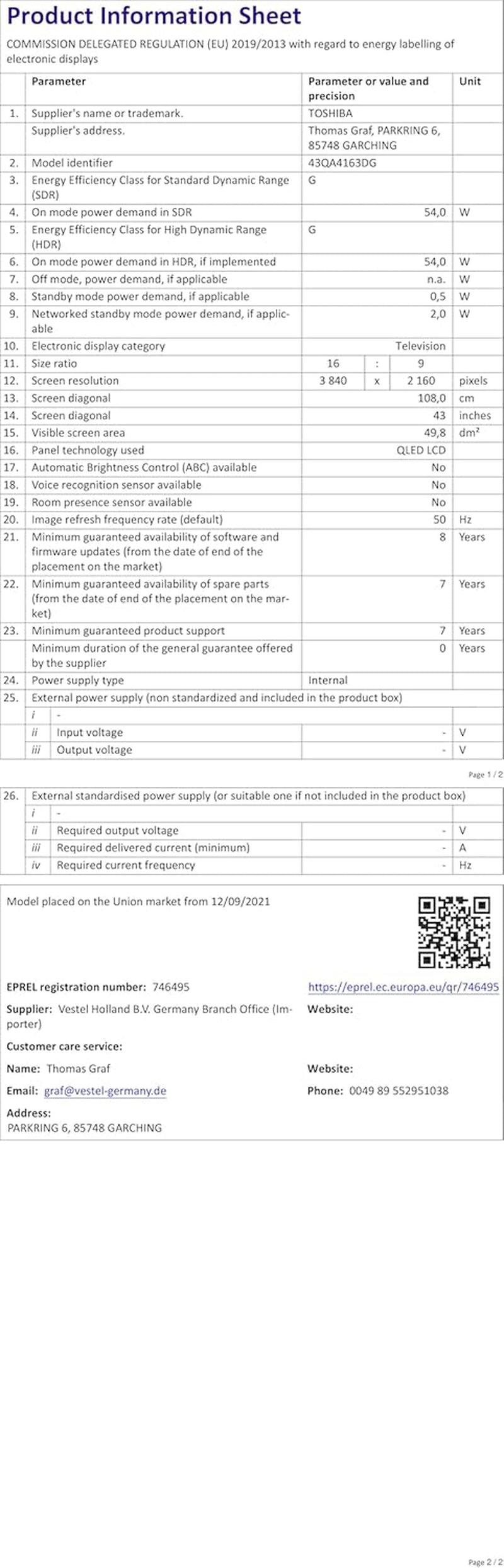 Toshiba, 43QA4163DG, 43 inch, QLED Quantum Dot Ultra HD (3840 x 2160), Asistent Google, Bluetooth, Netflix, Video, Chromecast