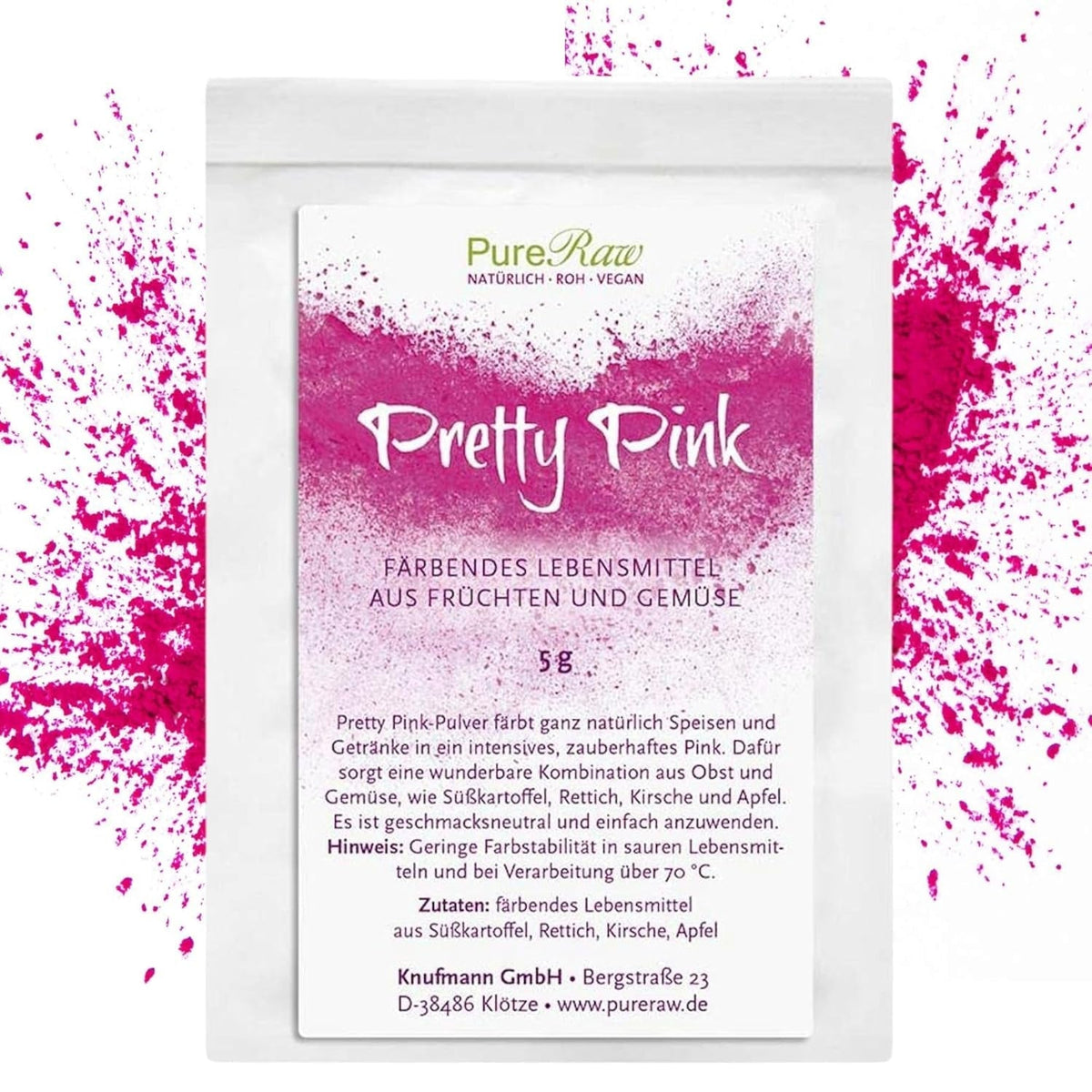 Pretty Pink Natürliche Lebensmittelfarbe Pulver Rosa (Roh Vegan) Pastel Rose Bis Intensiv Rosa-Rot - Essbare Farbe Für Lebensmittel Aus Früchten Und Gemüse - Naturalny barwnik spożywczy | Pureraw 5G Naty Shop 5 G (1Er Pack) Różowy