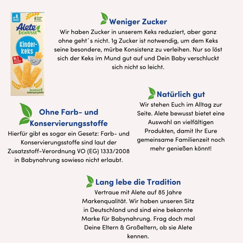 Alete Conscious Baby Biscuits, 8 miesięcy +, Ciasteczka z masłem pszennym dla niemowląt, Wygodnie pakowane małe ciasteczka na przekąskę, Idealne do zabrania w podróż i na czas, 1 x 180 g (2 sztuki w opakowaniu)