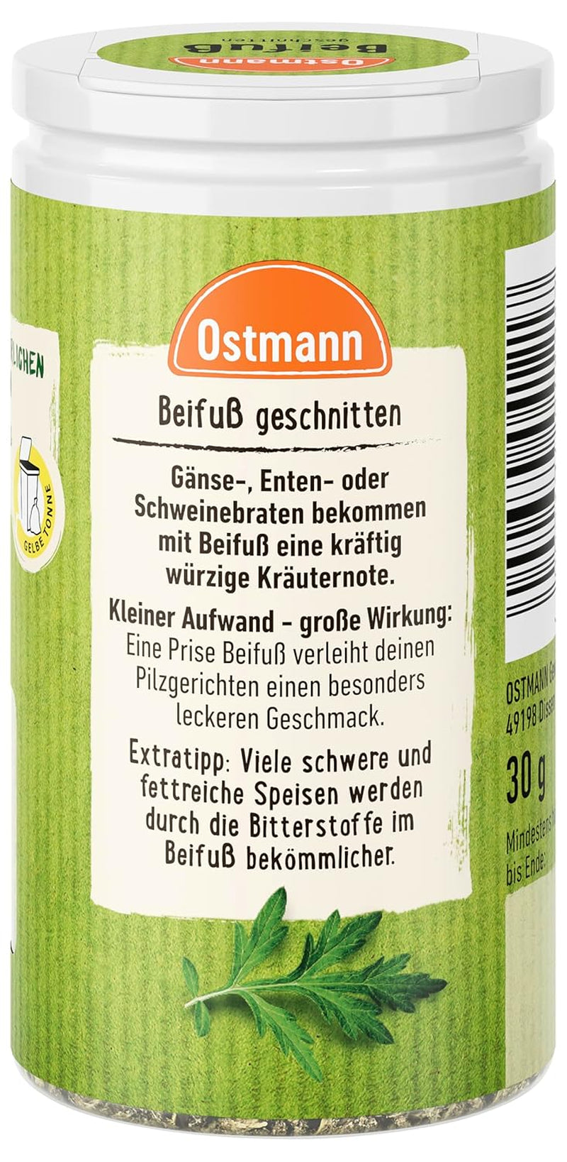 Ostmann Gewürze - Beifüß geschnitten | Kräutergewürz für Geflügelgerichte | 30 g w der Streudose
