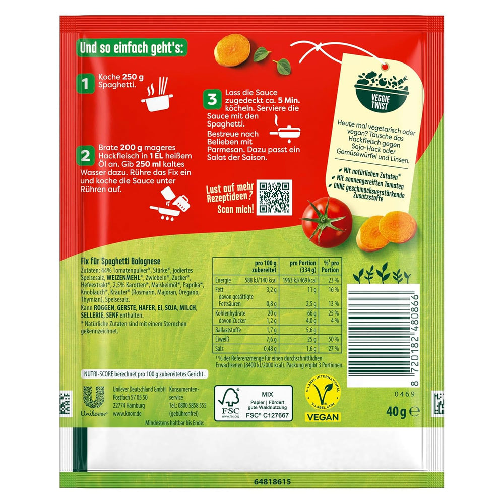 Knorr Fix Würzmischung Spaghetti Bolognese na pyszne danie z makaronem z naturalnymi składnikami 40 g