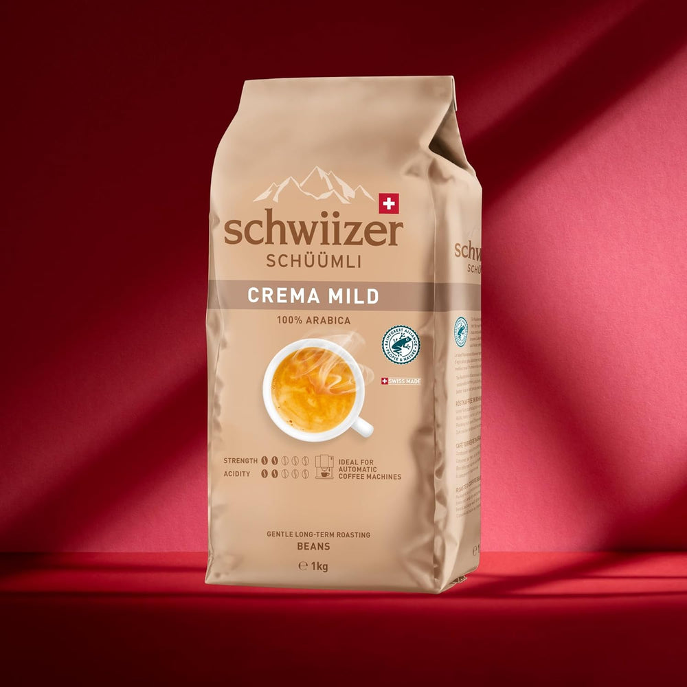 Schwiizer Schüümli Crema Mild, boabe de cafea 100% Arabica fine, armonioase și blânde, ideale pentru espressoare automate, tărie 2/5, prăjire ușoară, Rainforest Alliance, 1kg