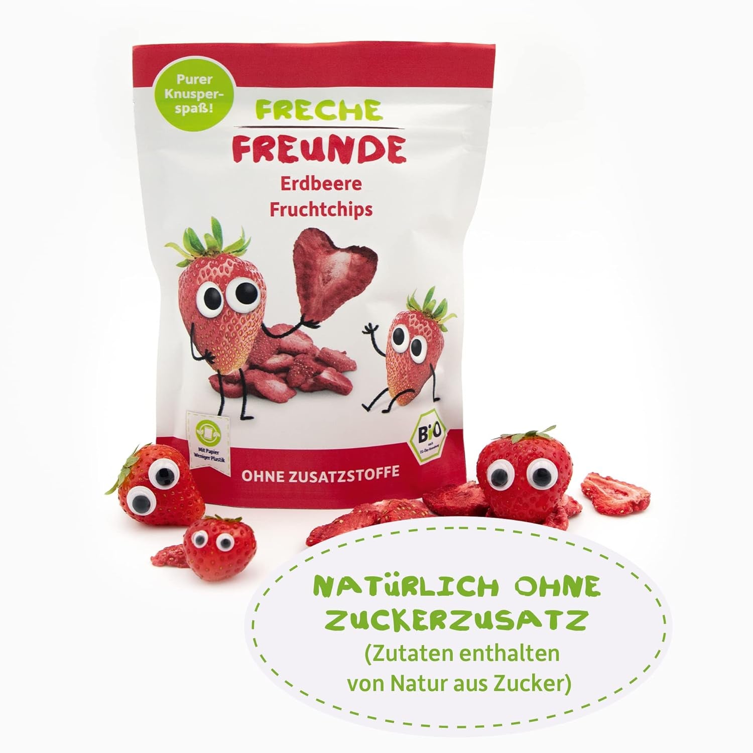 FRECHE FREUNDE Organiczne chipsy truskawkowe, liofilizowane chipsy owocowe, naturalne suszone owoce w plasterkach bez dodatku cukru, wegańskie, bez laktozy, bezglutenowe, opakowanie 12 sztuk (12 x 12g)