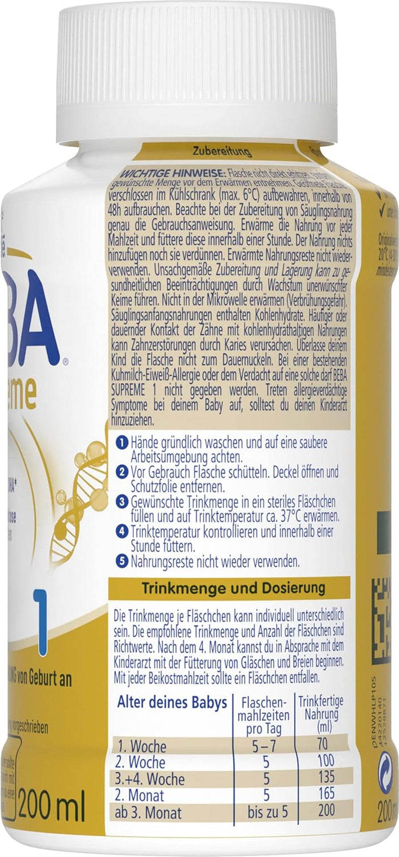 BEBA Nestlé BEBA SUPREME 1 Mieszanka dla niemowląt: Gotowe do spożycia butelki z kwasami Omega 3, 1 opakowanie (1 x 200 ml)