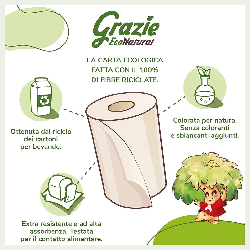 Grazie Natural, hârtie igienică Maxi Ecol FSC Paperpack, 12 role, testată dermatologic, hârtie igienică 100% reciclată, ecologică, fabricată în Italia