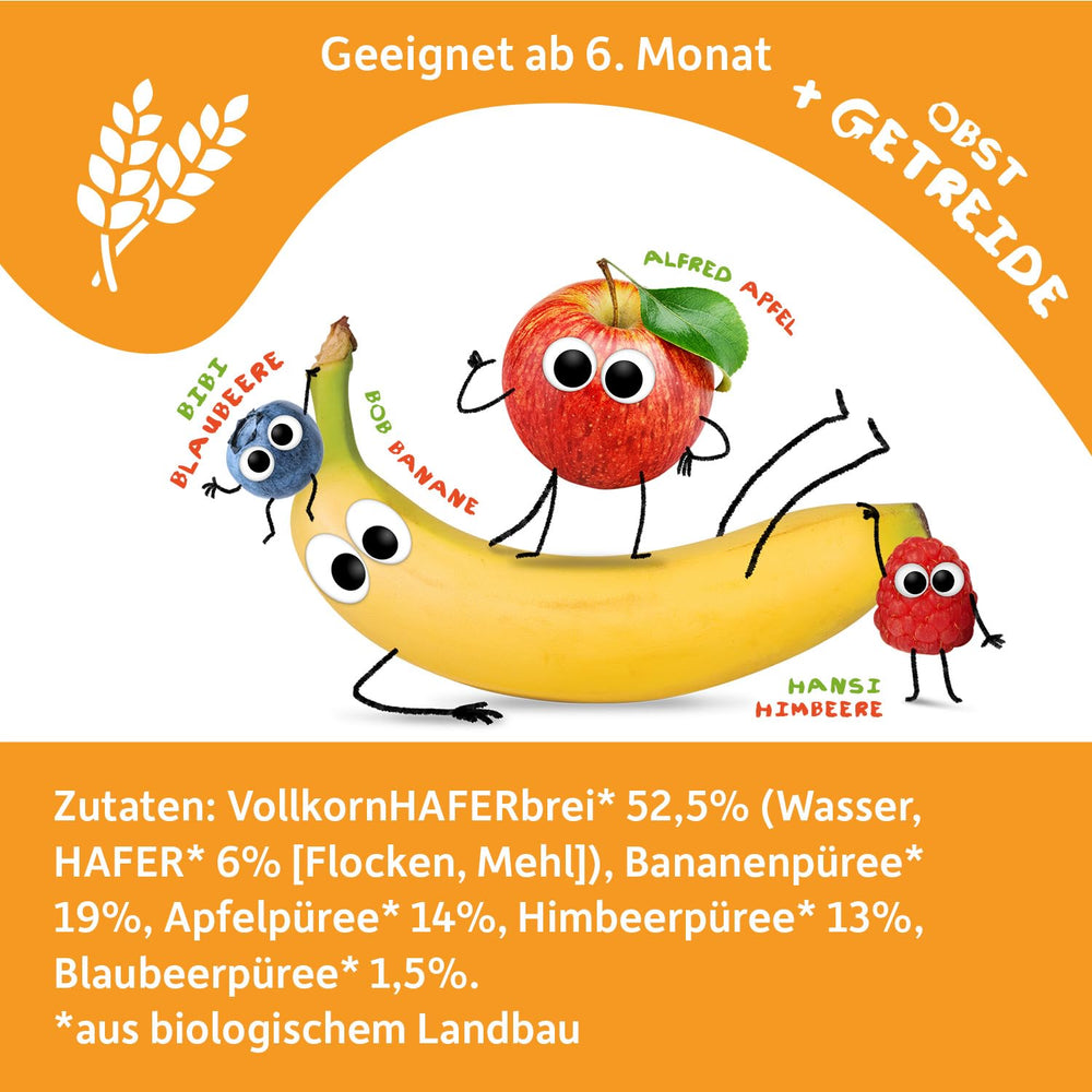 FRECHE FREUNDE Organiczna saszetka owocowa Banan, jabłko, malina, jagoda z owsem, puree owocowe ze zbożami w wyciskanej torebce dla dzieci od 6. miesiąca życia, wegańskie, opakowanie 6 szt. (6 x 100 g)
