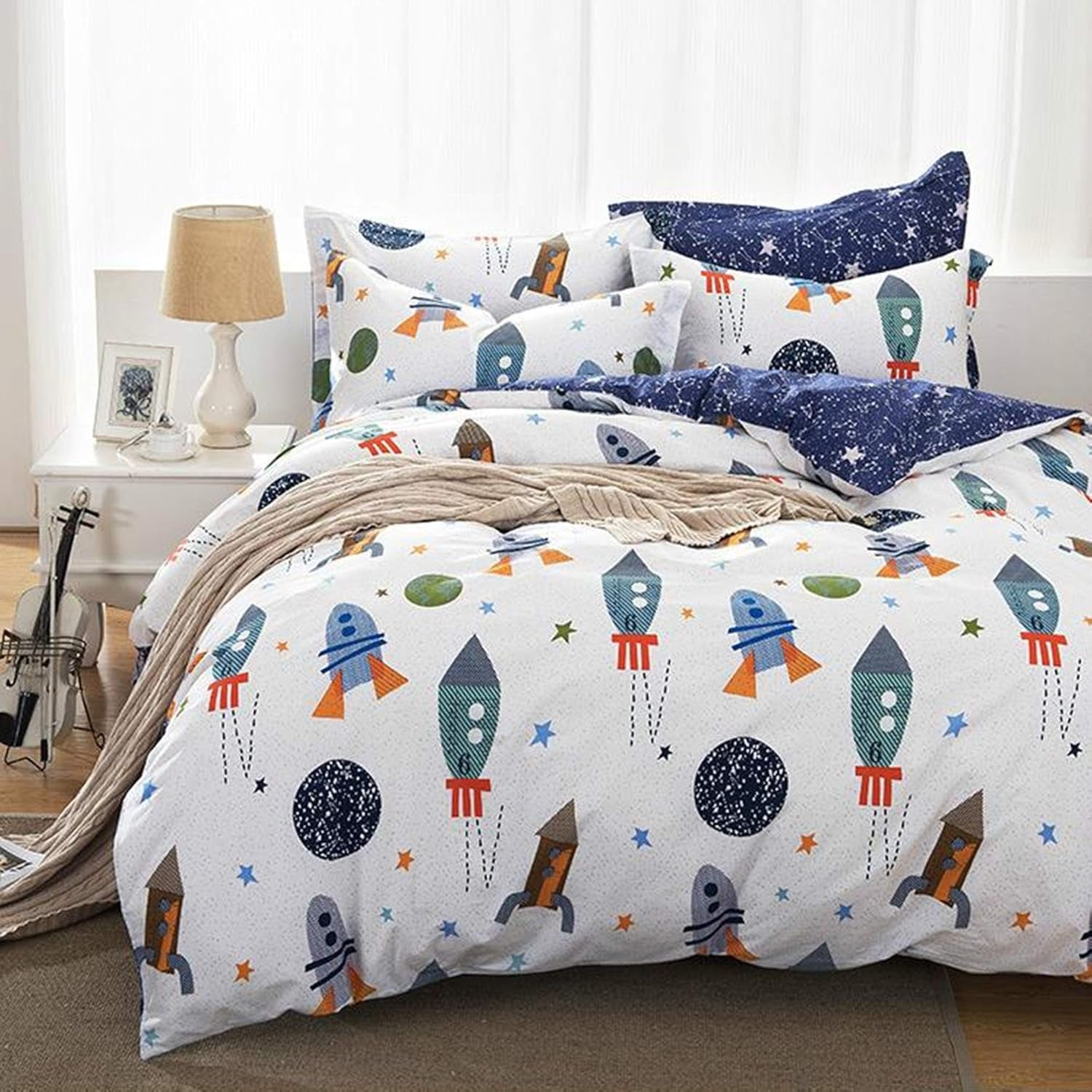 Lenjerie de pat pentru copii, rachete si planete, design reversibil, bumbac Lenjerie de pat - copii Naty Shop 155X220Cm + 50X75Cm
